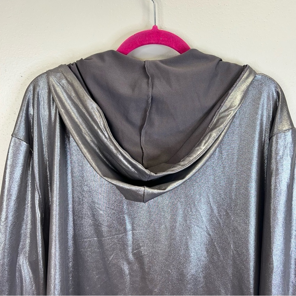 Metallic Gray Hooded Bomber Jacket XL 2X Futuristic Festival Pockets Coachella - Picture 12 of 14